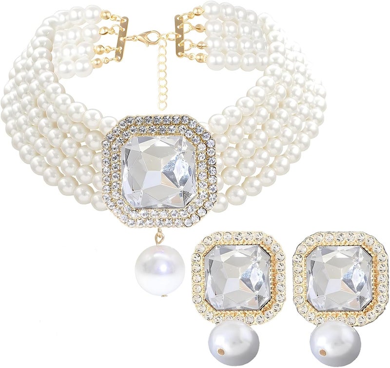 CIOOU Pearl Choker Necklace for Women Gold Crystal Rhinestone Pearl Collar Statement Necklaces Earrings Bridal Pearls Diamond jewelry Set for Wedding - Image 1